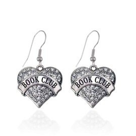 Inspired Silver - Book Club - Silver Dangle Earrings for Women - Pave Heart Charm Earrings French Hook Drop with Cubic Zirconia - Women's Dangly Earrings Jewelry Gift