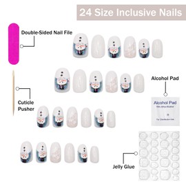 Christmas Press on Nails Medium Almond SWEKKE Winter Fake Nails White False Nails with Designs Snowman Snowflake Full Cover Glossy Glue on Nails Xmas Acrylic Nail for Women Girls 24 Pcs