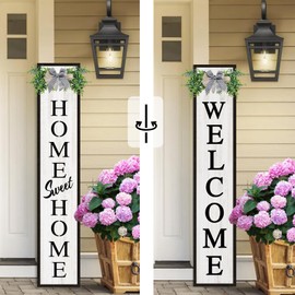 Double-sided Welcome Wooden Sign Stand with Magnetic-adhesive Wreath for Front Door, 47" Vertical Farmhouse Home Sweet Home Porch Sign, 2in1 Large Tall Porch Leaner Decor for Outdoor Patio Garden