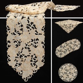 Quinnyshop Bronze Rose Flower Embroidery Tablecloth Table Runner Approx. 40 x 90 cm Oval Polyester Cream