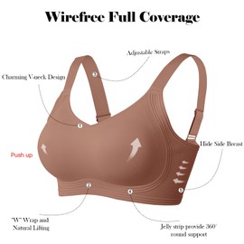 OEAK Womens Seamless Push Up Bras No Underwire Full Coverage Comfortable Bra V Neck Bralettes Wireless Everyday Bra Coffee XL