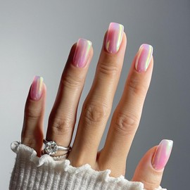 Chrome False Nails Medium, SXVME Glazed Bright Pink Press On Nails Medium Short Square, Glitter Shine Fake Nails Glue on Nails Cute, Acrylic Stick on Nails for Women Daily & Party Wear