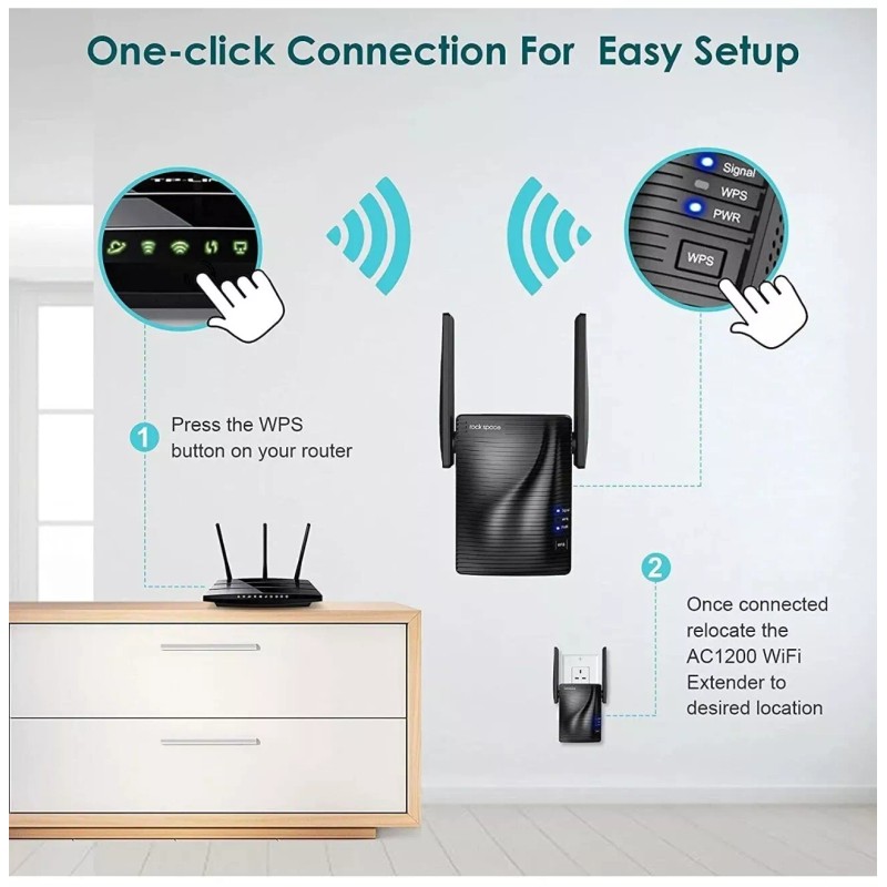 rock space WiFi Extender, AC1200 WiFi Repeater Coverage Up to