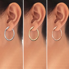 LeCalla 925 Sterling Silver Set of 3 Pairs Click-Top 3 Colors Hoop Earrings for Teen Women 30MM