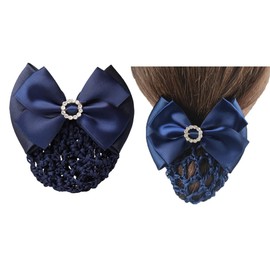 1Pcs Blue Rhinestone Satin Bow Barrette Bowknot Snood Net Barrette Hair Clip Bun Cover Hairnet Bowknot Decor French Hair Clip Women ladies Girls Hair Accessories