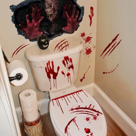 Halloween Toilet Lid Stickers Blood Handprint Toilet Seat Decals Horror Halloween Theme Bathroom Home Decor