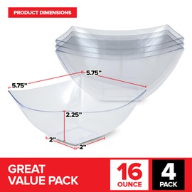 16oz Clear Plastic Serving Bowls (4 Pack) Small Disposable Candy Dishes, Square Plastic Buffet Containers for Chips, Snacks, Mints, Salad Bar, Snack Bowl Parties, Office, Bridal Shower, Party Supplies