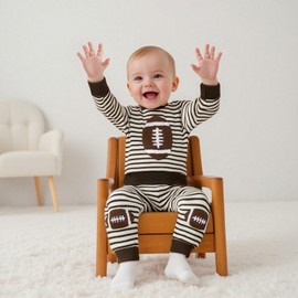 Kavousa Toddler Boy Fall Clothes Football Embroidery Long Sleeve Pullover Elastic Waist Stripe Pants 2Pcs Fall Outfit (Football Waffle Brown, 6-12 Months)