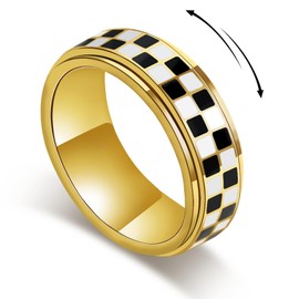 Checkerboard Fidget Ring for Men - 8mm Unique Black and White Checkered Anxiety Spinner Jewelry for Adults, Stainless Steel Roating Ring for Stress Relief, Modern Jewelry Gift for Men Women (Gold, 7)