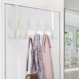 SKOLOO Over The Door Hook - for Doors up to 1-3/4'' Thickness, Metal Door Hanger with 5 Triple Hooks, Over The Door Hanger for Coats, Hats,Towels, White