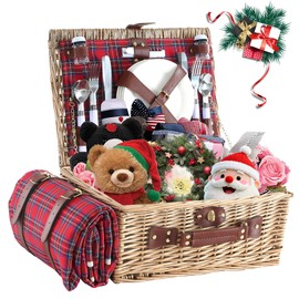 HYBDAMAI Wicker Picnic Basket for 4 with Waterproof Picnic Blanket and Insulated Cooler, Willow Hamper for Camping, Outdoors, Photoshoot, or a Birthday, Valentine’s Day, Wedding Gift