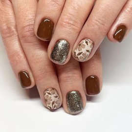 Fall Press on Nails Square False Nails Short Dark Brown Nails Press ons with Glitter Khaki Flower Leaf Deaigns Acrylic Fake Nails Glossy Square Glue on Nails Artificial Stick on Nails for Women 24Pcs