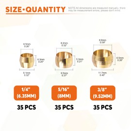 Rustark 105Pcs 1/4” 3/8” 1/2” Brass Compression Fitting Sleeves Ferrules Assortment Kit Tube Hose Ferrule Compression Fitting Set