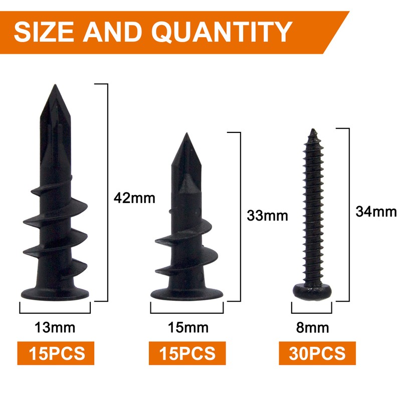 ISPINNER 60pcs #6#8 Black Self Drilling Plastic Drywall Anchors with