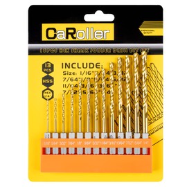 CaRoller Drill Bit Set 13 Piece Twist Hex Shank Quick Change High Speed Steel Titanium Coating for Metal, Aluminum Alloy and Plastic Wood 1/16" to 1/4"