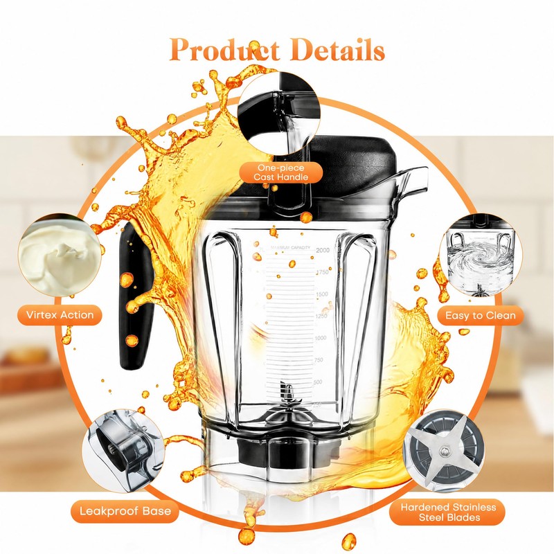 Blender Pitcher 64oz Low-Profile, Compatible with Vitamix 5000, 5200, 6300,