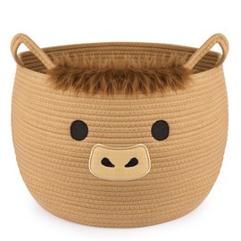 Hkojewp Highland Cute Cow Basket for Nursery, Large Blanket Gift Basket, Woven Rope Cotton Storage, Baby Laundry 0rganizer with Ears Handles, Towels Toy Clothes Gifts Storage Cat Dog Bin,13"D×11.5"H
