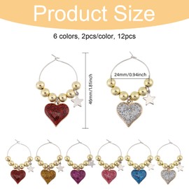 CHGCRAFT 12 Pcs 6 Color Heart Wine Charms Heart Shaped Wine Glass Charms Parties and Event Glass Charms Heart Wine Glass Maker for Party Decoration