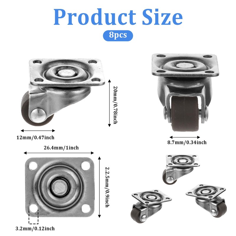 8Pcs 1/2inch Small Caster Wheels, 360 Degree Swivel Casters Set,