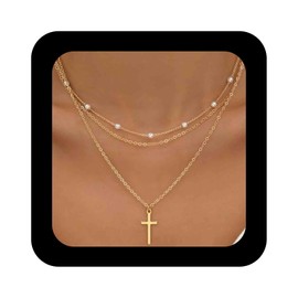 IRCOMULTI Bohemia Layered Pearl Cross Necklace Gold Cross Pendant Necklace Tiny Pearl Station Necklace Multilayer Chain Choker Necklace Jewelry for Women