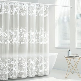 Startseite Long Shower Curtain - Flower Semi-Semi-Transarent Thin Shower Curtain Liner, PEVA Waterproof Bathroom Curtains Shower with 12 Hooks, 180 x 200 cm