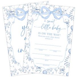 SIXEIGHT Blue Bow Bear Baby Shower Invitations, A Sweet Little Baby Is On the Way, Baby Shower Invitations for Boy Girl, 25 Pack Double-sided Invites with Envelopes, Blue Toile Party Decorations-A06