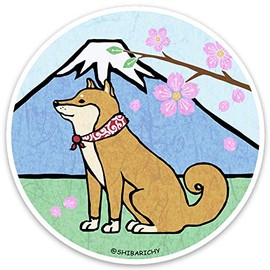 Shiba Inu Sakura Fujisan Sticker | Shiba Ken Sticker with Cherry Blossoms & Mt. Fuji (Red Karakusa)