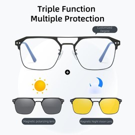 PUKCLAR Magnetic Clip-On Sunglasses for Men & Women | Interchangeable Polarized Day & Night Lenses | Stainless Steel Prescription-Compatible, Anti-Blue Light (C1 Gun Colored Frame, Millimetres, 54)