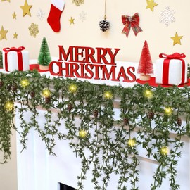XunYee 6 Feet Christmas Pine Needle Garland with Lights Pine Cones Real Touch Artificial Greenery Garland Realistic Evergreen for Xams Decoration Mantle Fireplace Holiday Table Indoor Outdoor