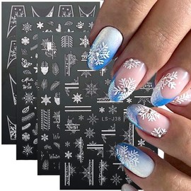 Christmas Nail Art Stickers Decals 4 Sheets White Sliver Snowflake Nail Art Supplies Christmas 3D Self-Adhesive Acrylic Stickers Snowflake Elk Leaf French Pattern Christmas Nail Decorations for Women