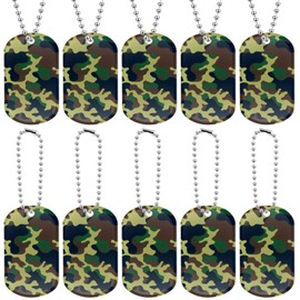 Yinkin 100 Pcs Military Dog Tags Army Camouflage Dog Tags Acrylic Military Camo Party Favors Supplies Include 50 Camo Necklaces with 50 Beaded Chains for Kids Women Men Gifts(Dark Green)