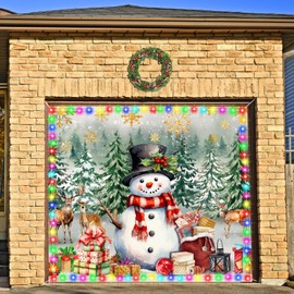 FuWeave 7x8 ft Christmas Garage Door Banner Cover with LED String Light Battery Box Outdoor Large Xmas Snowman Garage Door Decors Winter Reindeer Backdrop for Wall Door House Party Decor(Snowman)