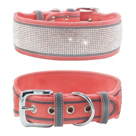 Kawagogo Bling Diamond Dog Collar for Females Girls,Soft Velvet Leather with Fancy Sparkly Crystal Rhinestones,Reflective Stripe,Suit Medium Large Dogs (Pink, M)
