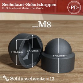 PD® Hexagonal protective caps M8 (wrench size 13), cover caps for screws, anthracite, made of plastic, durable cover caps for nuts and screw head, screw cover, anthracite, pack of 50