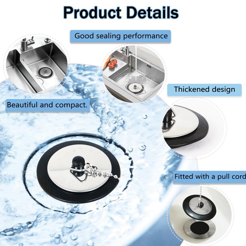 2 PCs Universal Bath Plug with Chain, Bathroom Sink Plug