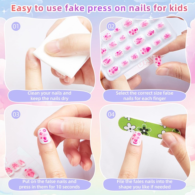 144 Pieces False Nails for Children with Jelly Glue -