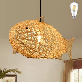 AyshwillDec 24 inch Fish-Shaped Rattan Woven Pendant Light Boho Chandelier Rustic Farmhouse Chandelier Rattan Light Fixture for Dining Room Living Room Bedroom Kitchen Foyer(Bulb Included)