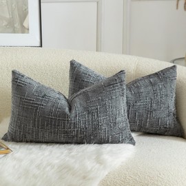 Mandioo Pack of 2 Solid Decorative Soft Chenille Dark Gray Cushion Covers 30x50cm 12x20 Inch Lumbar Accent Solid Throw Pillow Case Soft Cozy Luxury Pillow Covers for Sofa Couch Bedroom