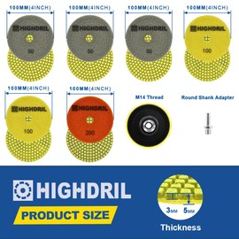 HIGHDRIL Diamond Wet Polishing Discs Pack of 8 - 100 mm Grit #50 x 3/100 x 2/200 Diamond Polishing Pads + M14 Plastic Base + Adapter for Granite Marble Artificial Stone Quartz