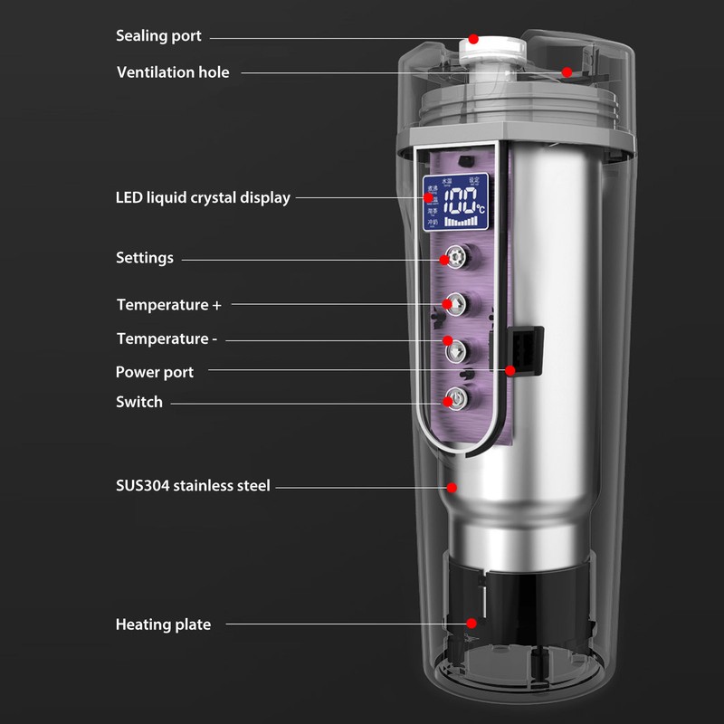 500ml Intelligent Screen Display Car Electric Kettle Car Electric Hot