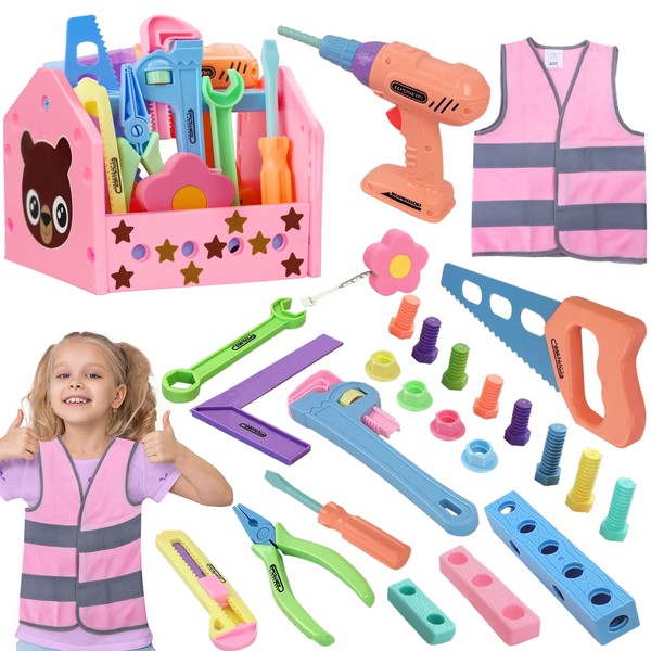 Gifts2U Toy Tool Set for Girls Pretend Play Toy with Play Drill Tool Box, Vest Costume and Toy Tape Measure, Pink Toy Tool Set Learning Tool Kit for Girls Toddlers Boys Age 3 4 5 6 Home Stem DIY Gifts