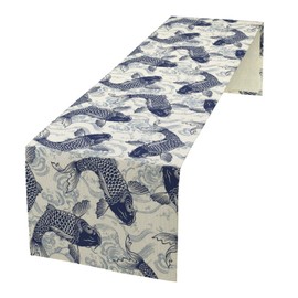Camino de mesa de pescado japonés, tradicional oriental, asiático, con ondas marinas, carpa, animales de pescado, cultura, camino de mesa para mesa de comedor, decoración de temporada, hogar, fiesta,