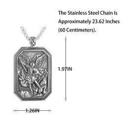 Men'S Religious Catholic Patron Saint Archangel Michael Dog Tag Pendant Necklace, 316L Stainless Steel, Silver Stainless Steel Square Pearl Chain, Vintage Jewelry