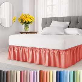 Wrap Around Dust Ruffle Bed Skirt - Coral - for Full Size Beds with 21 Inch Drop - Easy Fit Elastic Strap - Adjustable Pleated Bedskirt w/Brushed Fabric - Wrinkle Free - for Women, Men, Kids & Teens
