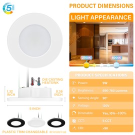 JULLISON 4 Inch LED Mini Surface Mount Light, Recessed Trim, Small Flush Mount Ceiling Light for Hallway, Bathroom, Kitchen, 120V, 60W Replacement, 5CCT Selectable, ETL, Wet Rated, White/12 Packs