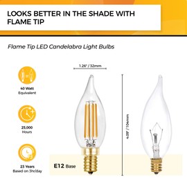 Hizashi LED Candelabra Bulbs 40 watt Equivalent, 90+ CRI Dimmable E12 LED Bulb Flame Tip Candle Bulbs, 4W 450LM 2700K Soft Warm White, CA10 Chandelier Bulbs Candelabra Base, UL Listed - 6 Pack