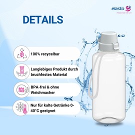 Children's 'School' Water Bottle, 1 Litre, Shatterproof Tritan Water Bottle with Strap, BPA-Free, Leak-Proof, Dishwasher Safe, Ideal for Nursery, School and Sports, Colour: Transparent/White