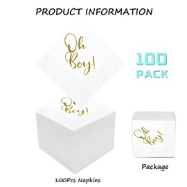 Geloar Servilletas de cóctel Oh Boy para baby shower, paquete de 100 servilletas de papel doradas Oh Boy para almuerzo, cócteles, bebidas a granel para baby shower, decoración de fiesta de bienvenida de bebé, 2 capas, 5 x 5 pulgadas (Oh Boy)