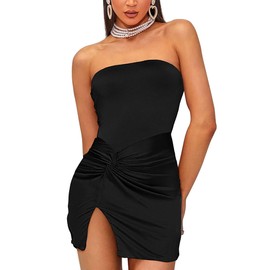 MTGGD Women's Strapless Bodycon Mini Dress Tube Top Twist Waist Split Thigh Short Dresses Party Club Black Small