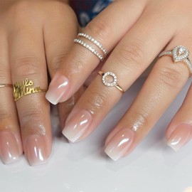 Ombre Press on Nails Short Square Fake Nails Chrome False Nails Gradient White Pink Glossy Glue on Nails Full Cover Acrylic Nails Short Coffin Nails Reusable Artificial Nails for Women Manicure 24Pcs